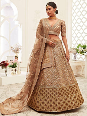 Outstanding Brown Embroidered Slub Silk Wedding Lehenga Choli for Brides