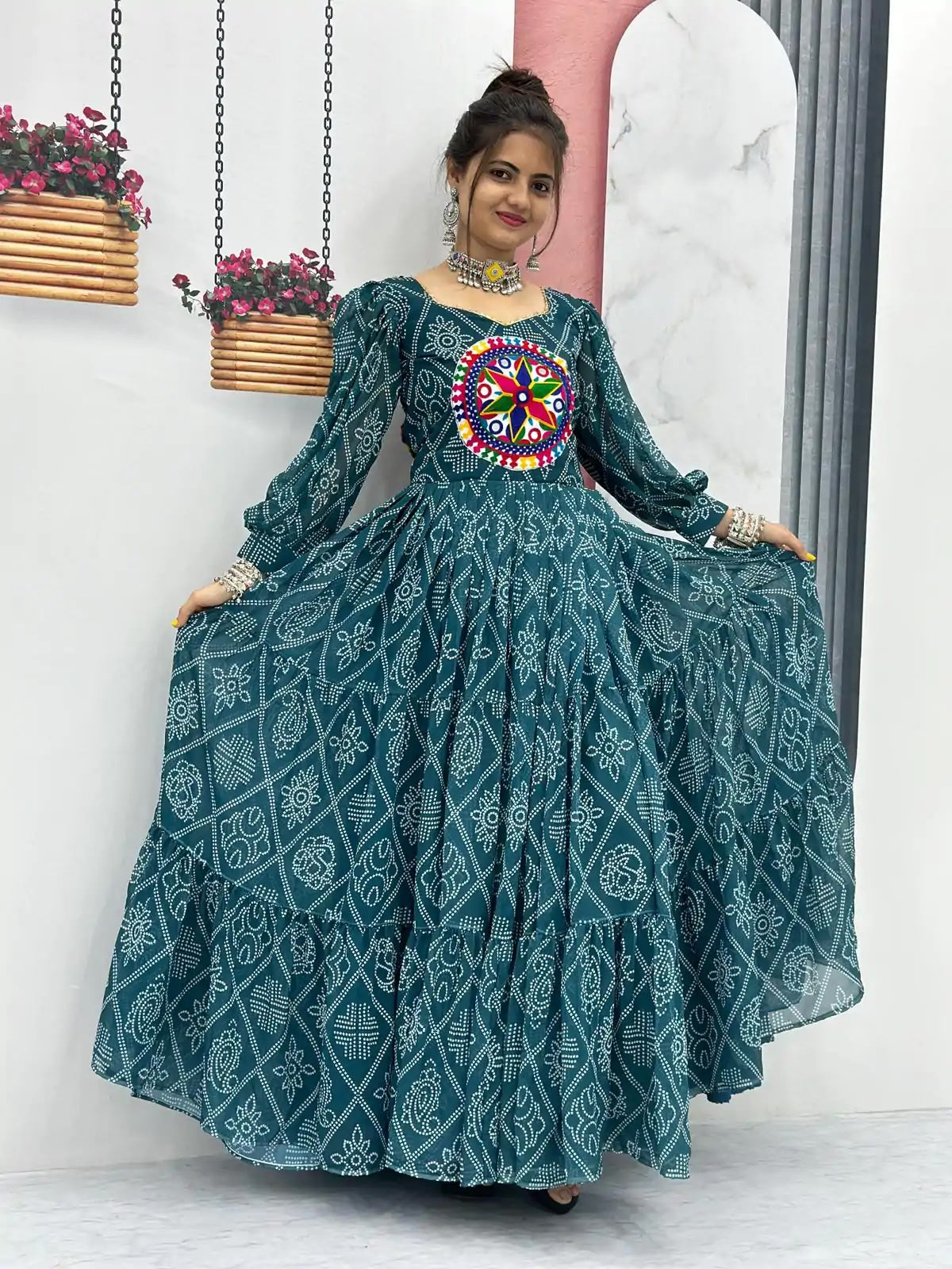 Perfect Traditional Green Bandhani Printed Gamathi Mirror Work Gown