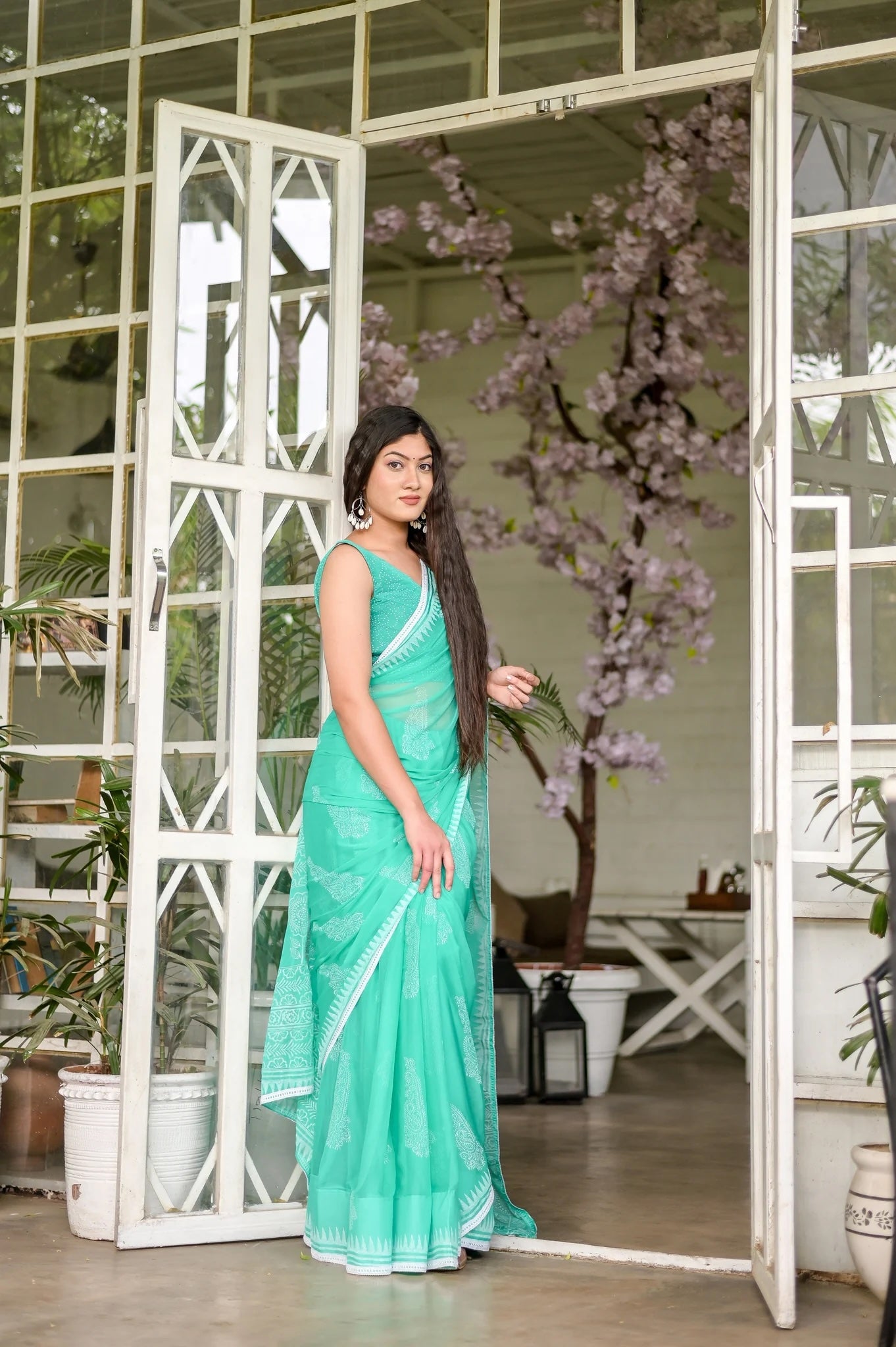 Tranquil Green Sage Serenity Chiffon Saree