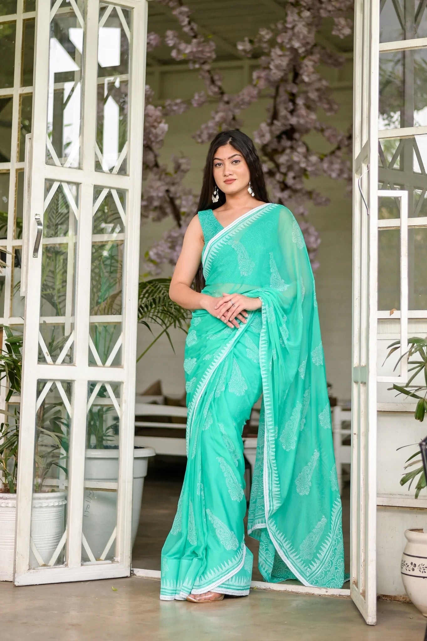 Tranquil Green Sage Serenity Chiffon Saree