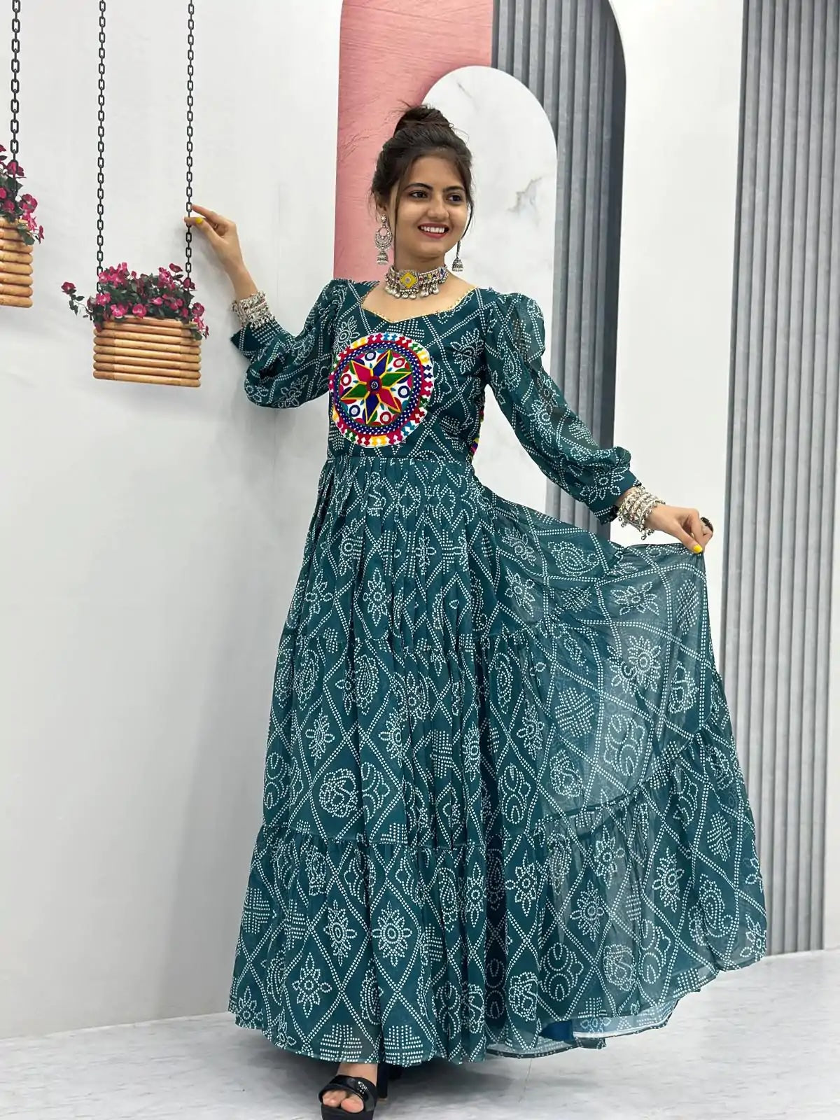 Perfect Traditional Green Bandhani Printed Gamathi Mirror Work Gown