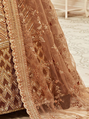 Outstanding Brown Embroidered Slub Silk Wedding Lehenga Choli for Brides