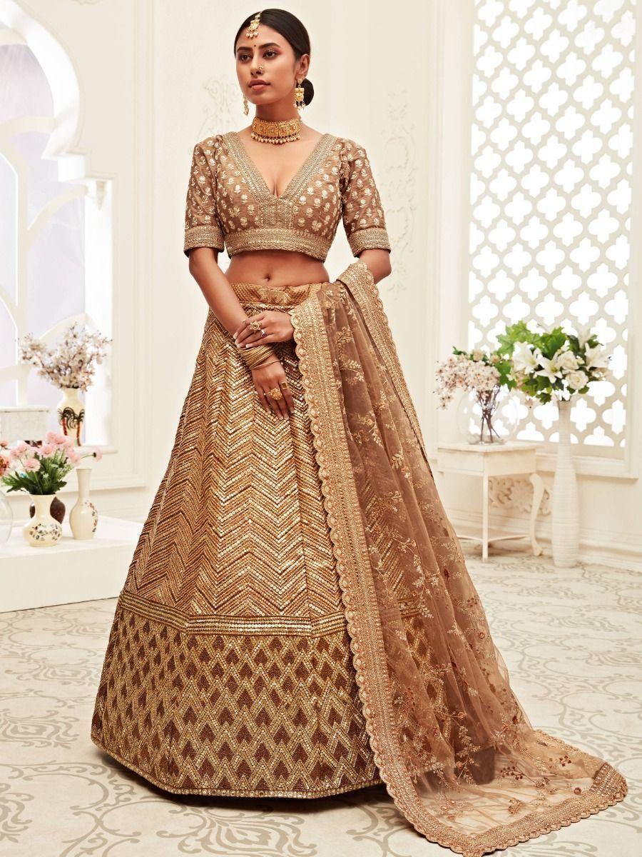 Outstanding Brown Embroidered Slub Silk Wedding Lehenga Choli for Brides