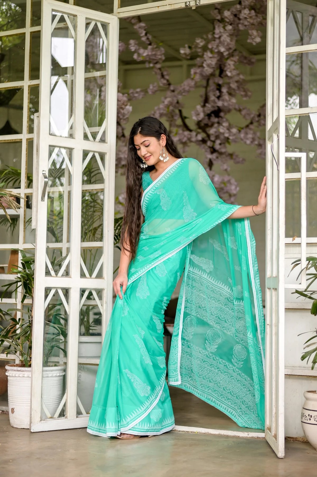 Tranquil Green Sage Serenity Chiffon Saree