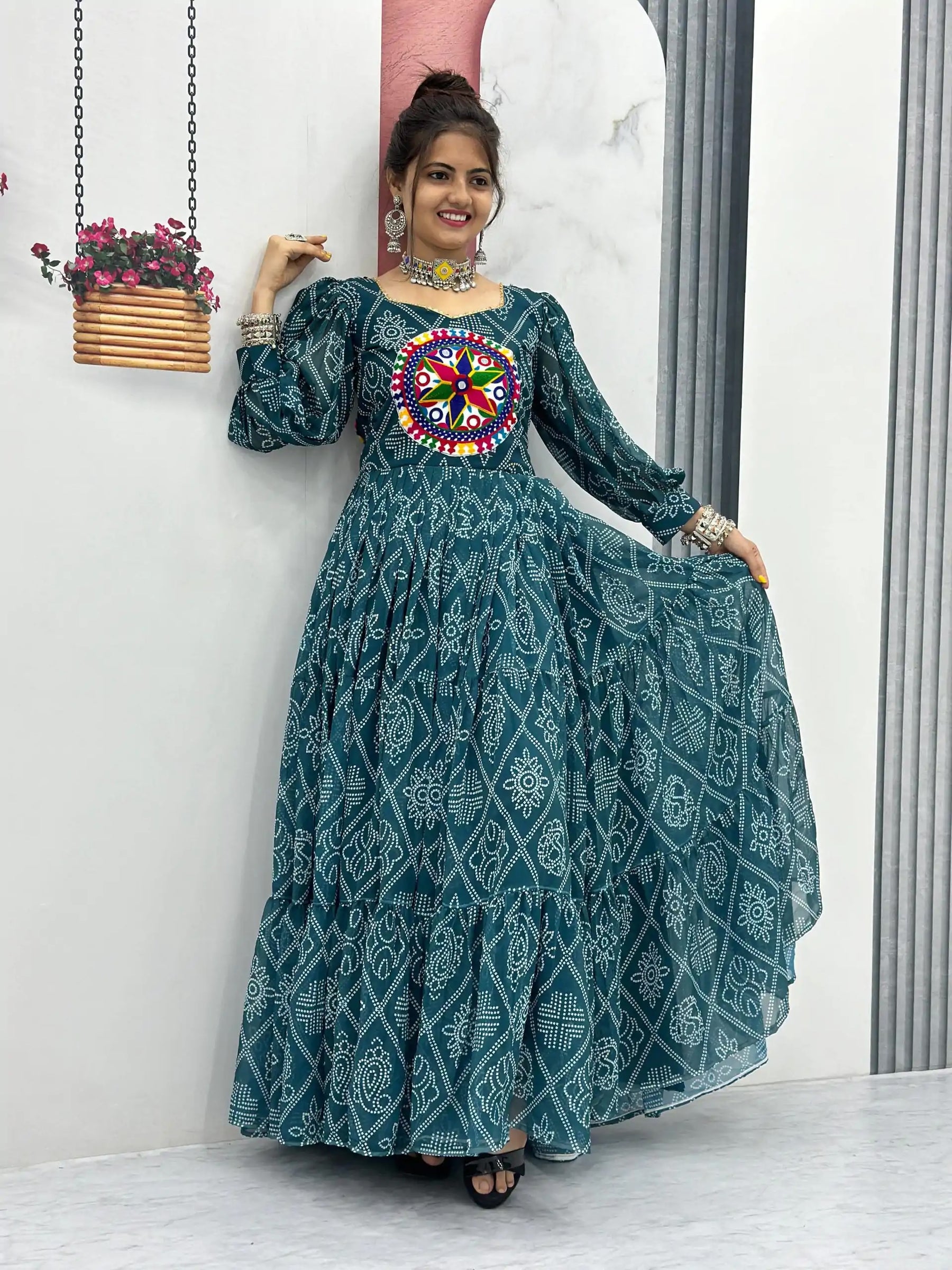 Perfect Traditional Green Bandhani Printed Gamathi Mirror Work Gown