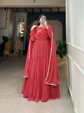 Classic Red Georgette Gown with Printed Weaving Work