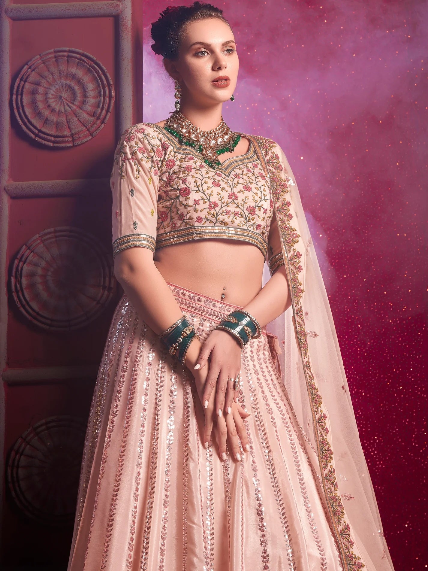 Attractive Peach Embroidered Silk Lehenga Choli with Dupatta