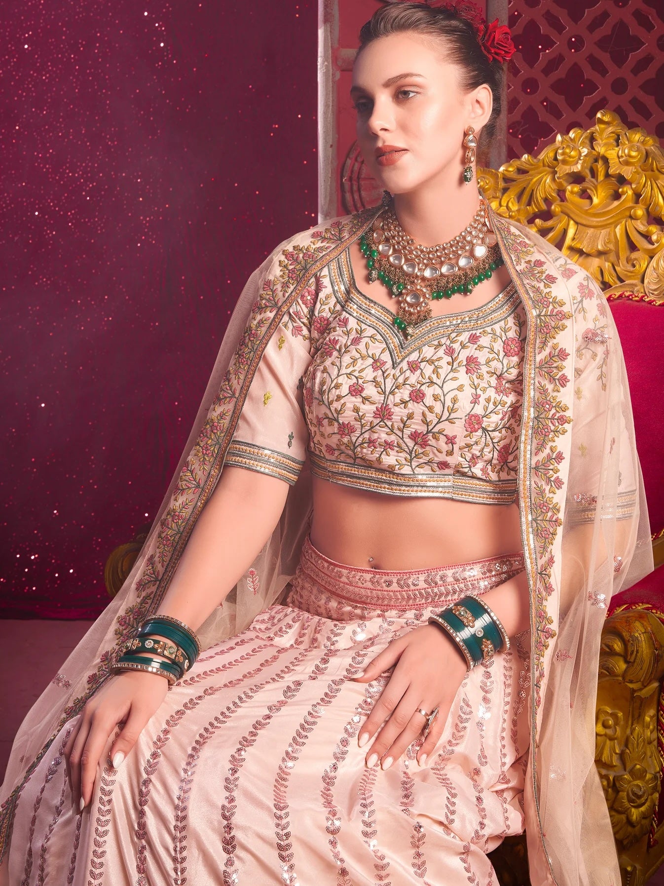 Attractive Peach Embroidered Silk Lehenga Choli with Dupatta