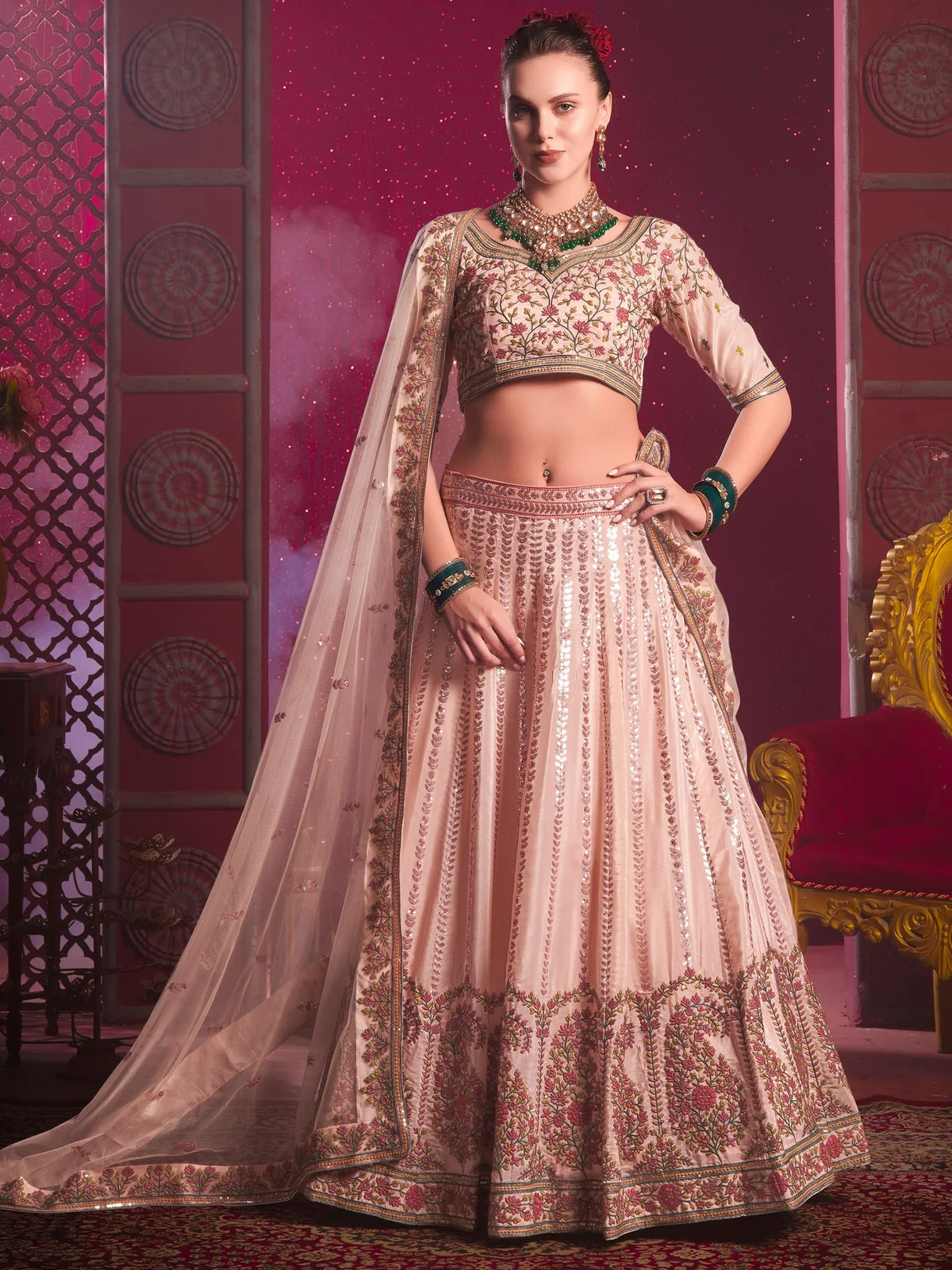 Attractive Peach Embroidered Silk Lehenga Choli with Dupatta