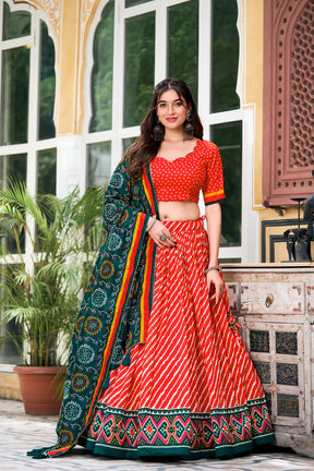 Elegant Tussar Silk Lehenga Choli with Leheriya and Patola Print