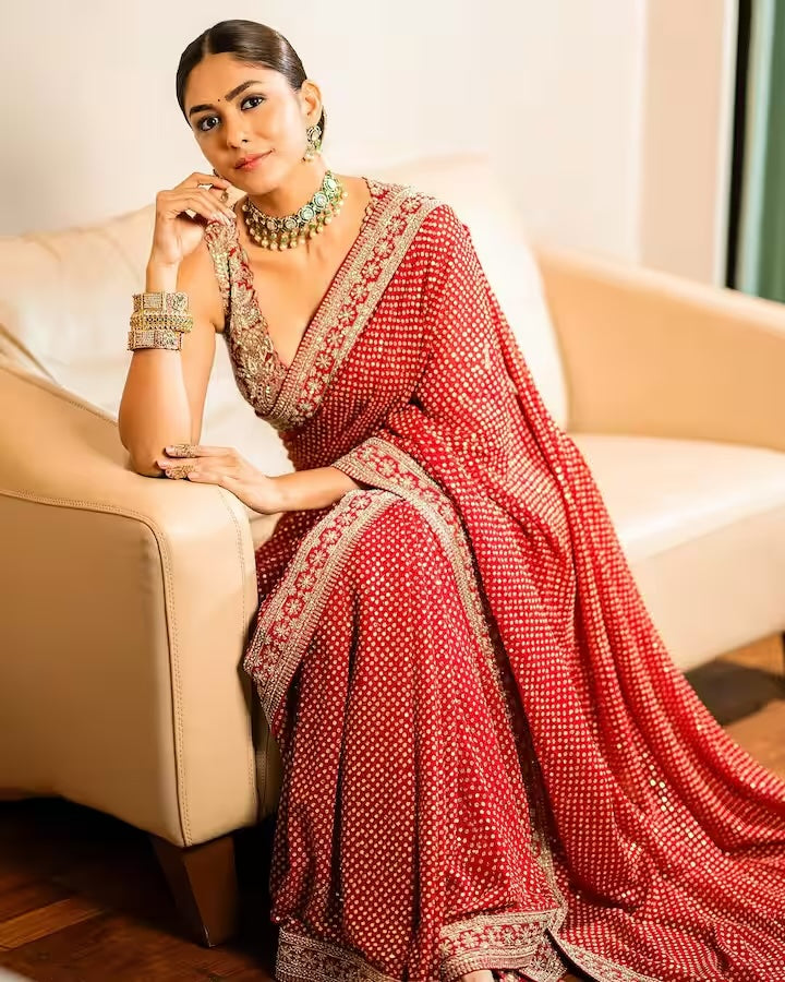 Mrunal Thakur - Pink Georgette Hand Embroidered Sequin Mythili Saree