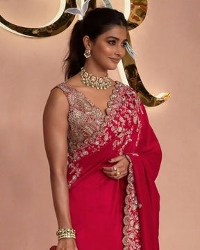 Pooja Hegde - Red Pure Silk Embroidered Paisley Jaal Saree with Blouse