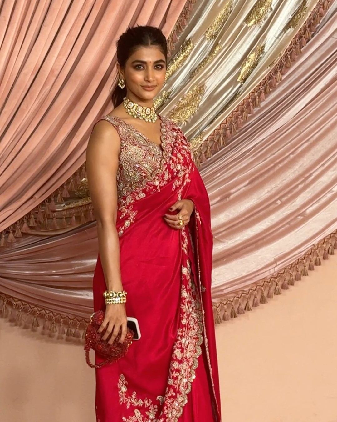 Pooja Hegde - Red Pure Silk Embroidered Paisley Jaal Saree with Blouse