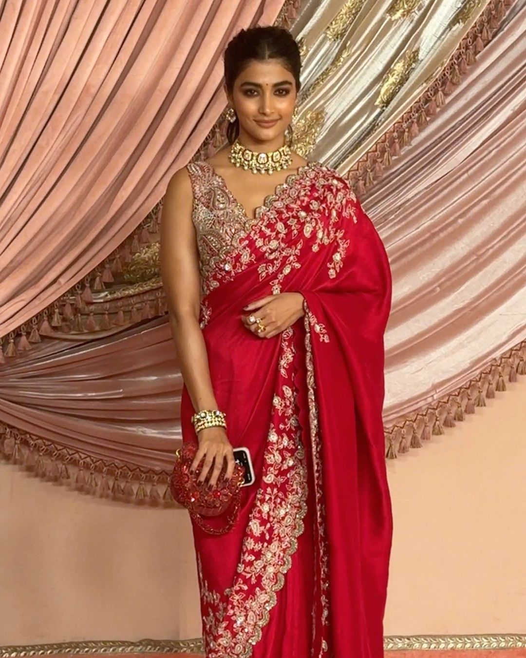 Pooja Hegde - Red Pure Silk Embroidered Paisley Jaal Saree with Blouse