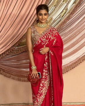 Pooja Hegde - Red Pure Silk Embroidered Paisley Jaal Saree with Blouse