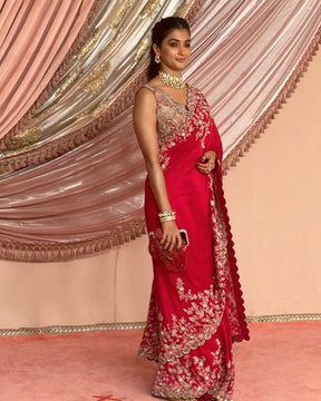 Pooja Hegde - Red Pure Silk Embroidered Paisley Jaal Saree with Blouse