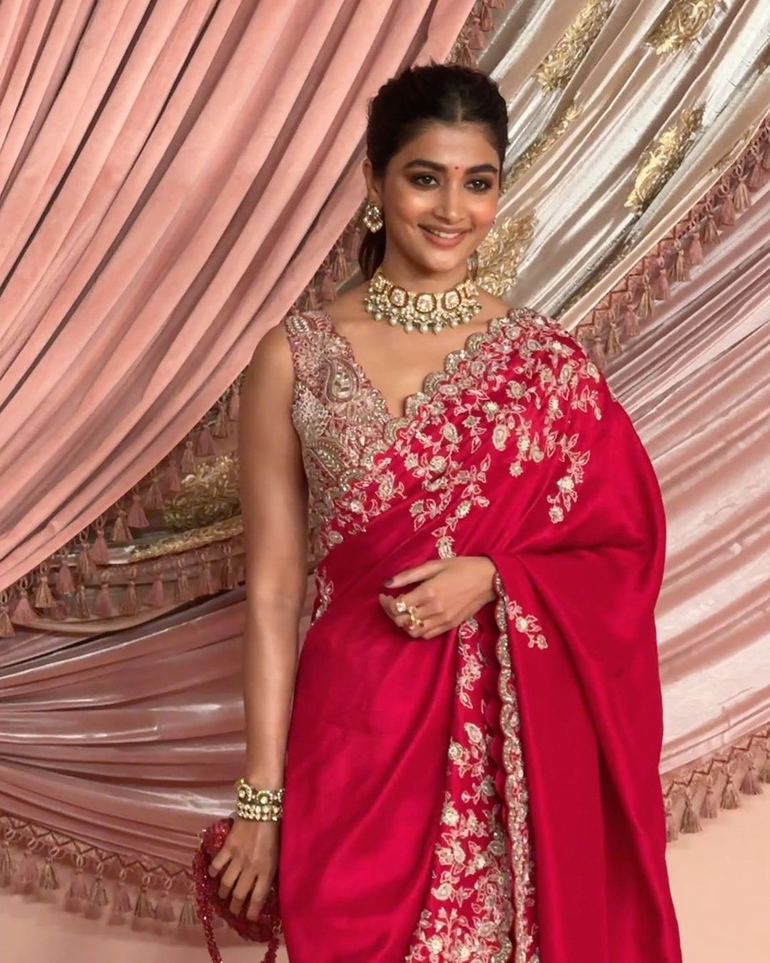 Pooja Hegde - Red Pure Silk Embroidered Paisley Jaal Saree with Blouse