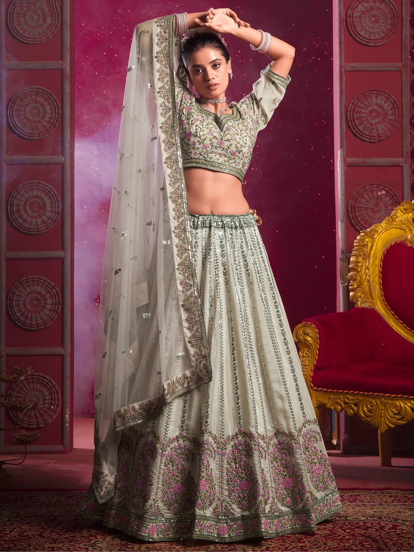 Beautiful Cream Embroidered Silk Wedding Lehenga Choli with Dupatta