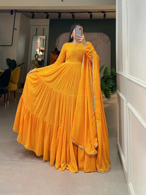 Classic Yellow Georgette Gown with Printed Weaving Work