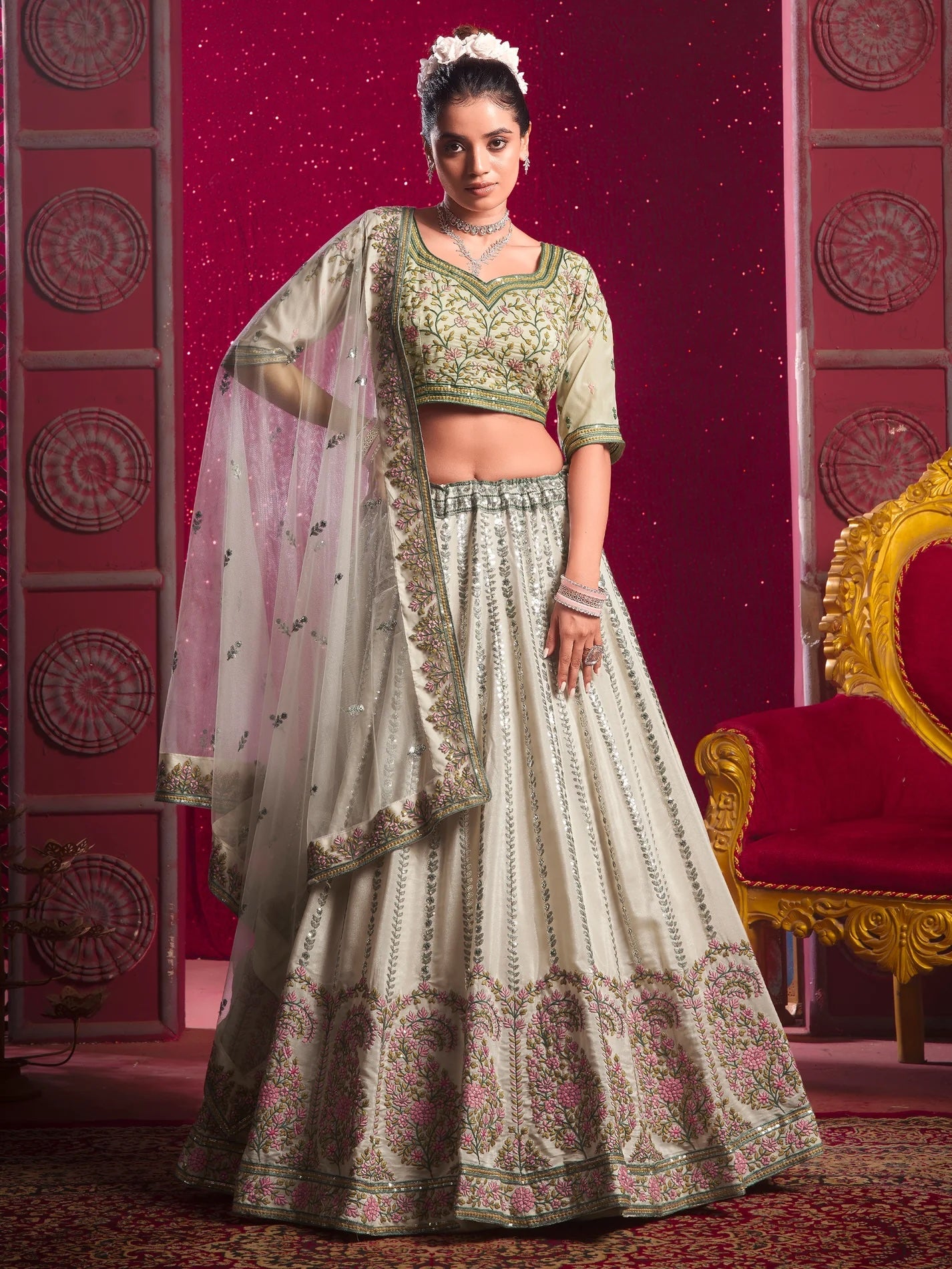 Beautiful Cream Embroidered Silk Wedding Lehenga Choli with Dupatta