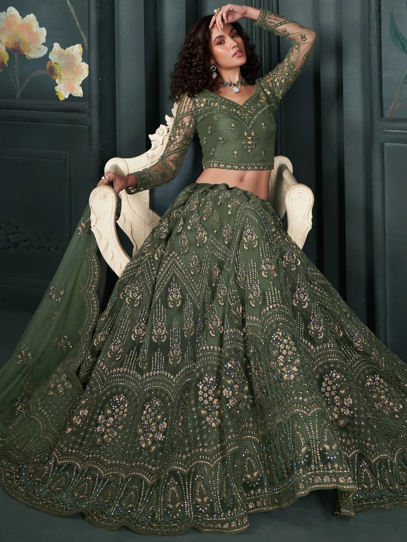 Alluring Olive Green Embroidered Net Mehendi Wear Lehenga Choli