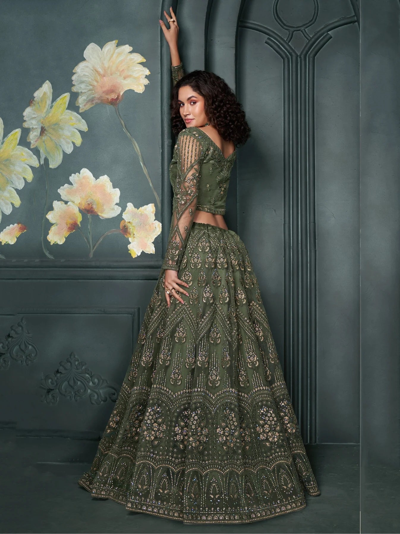 Alluring Olive Green Embroidered Net Mehendi Wear Lehenga Choli