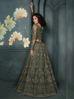 Alluring Olive Green Embroidered Net Mehendi Wear Lehenga Choli