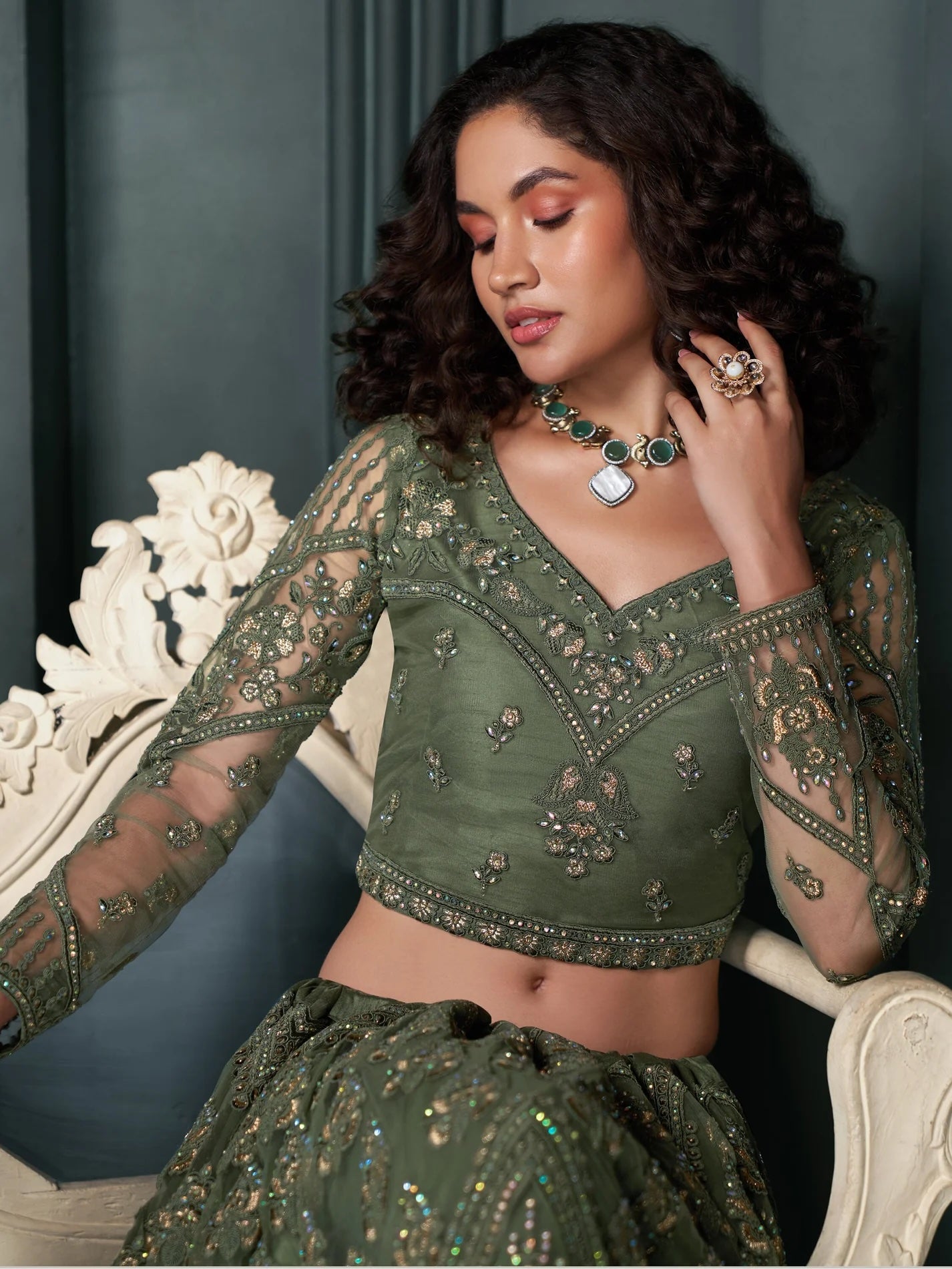 Alluring Olive Green Embroidered Net Mehendi Wear Lehenga Choli