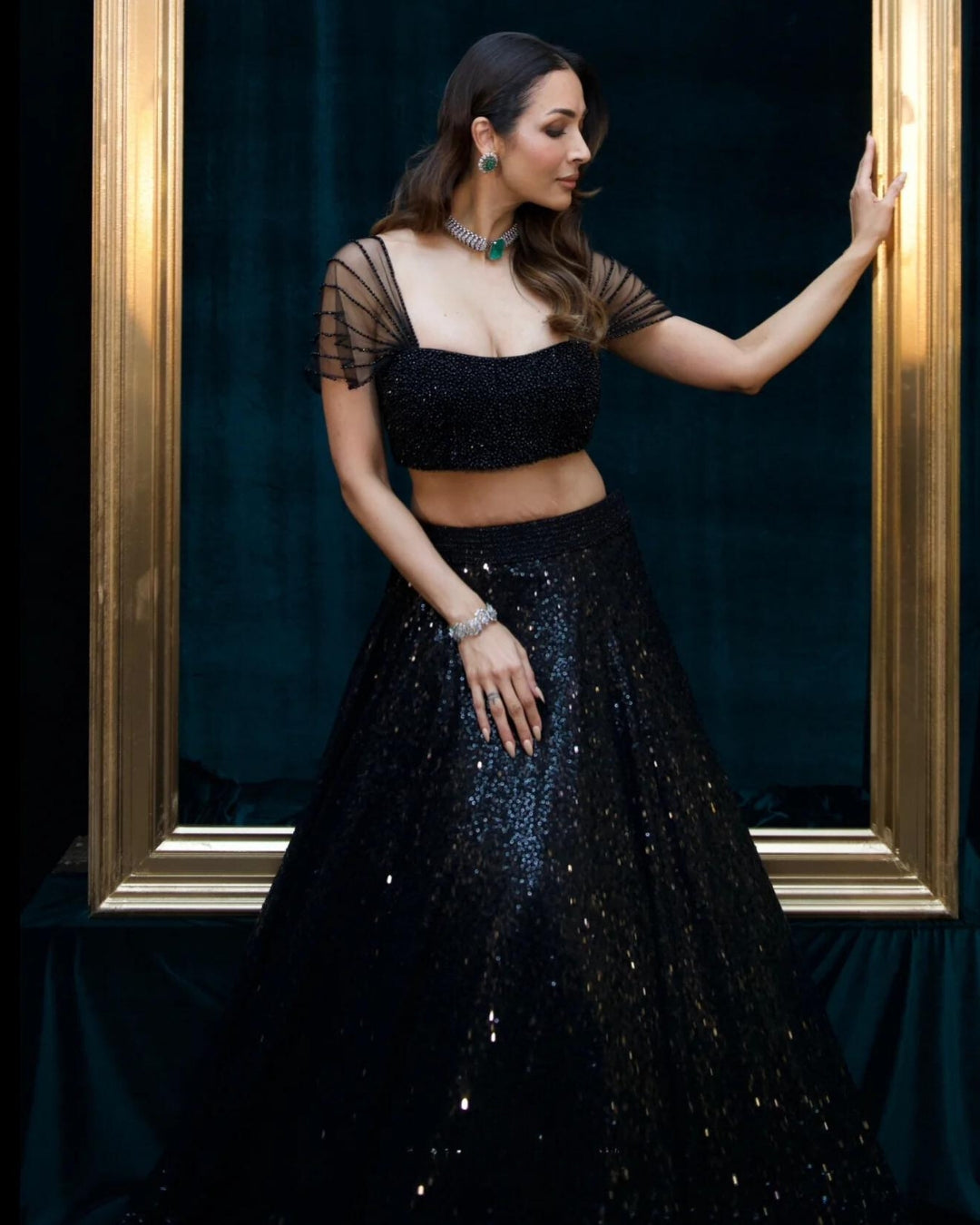 Malaika Arora Black Sequins Lehenga with Crystal Blouse | Glamorous and Elegant Evening Wear