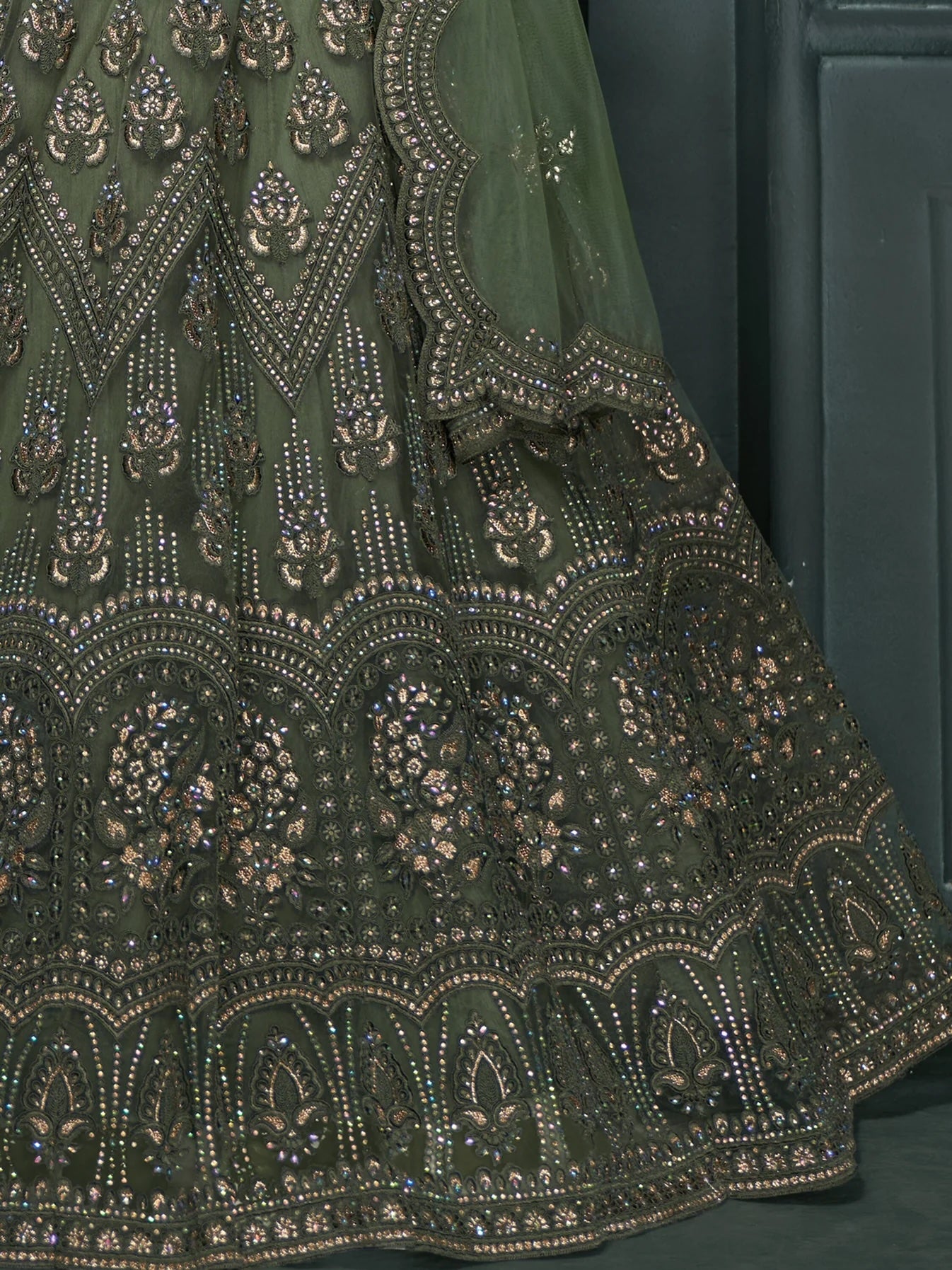 Alluring Olive Green Embroidered Net Mehendi Wear Lehenga Choli