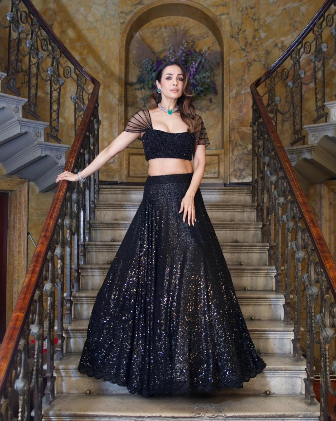 Malaika Arora Black Sequins Lehenga with Crystal Blouse | Glamorous and Elegant Evening Wear