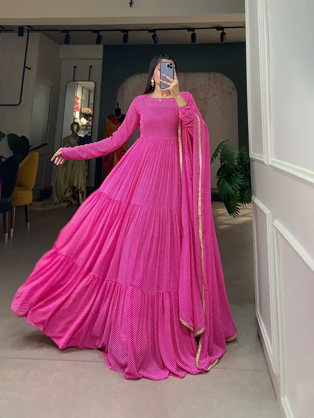 Classic and Charming Pink Georgette Gown with Printed Weaving Work