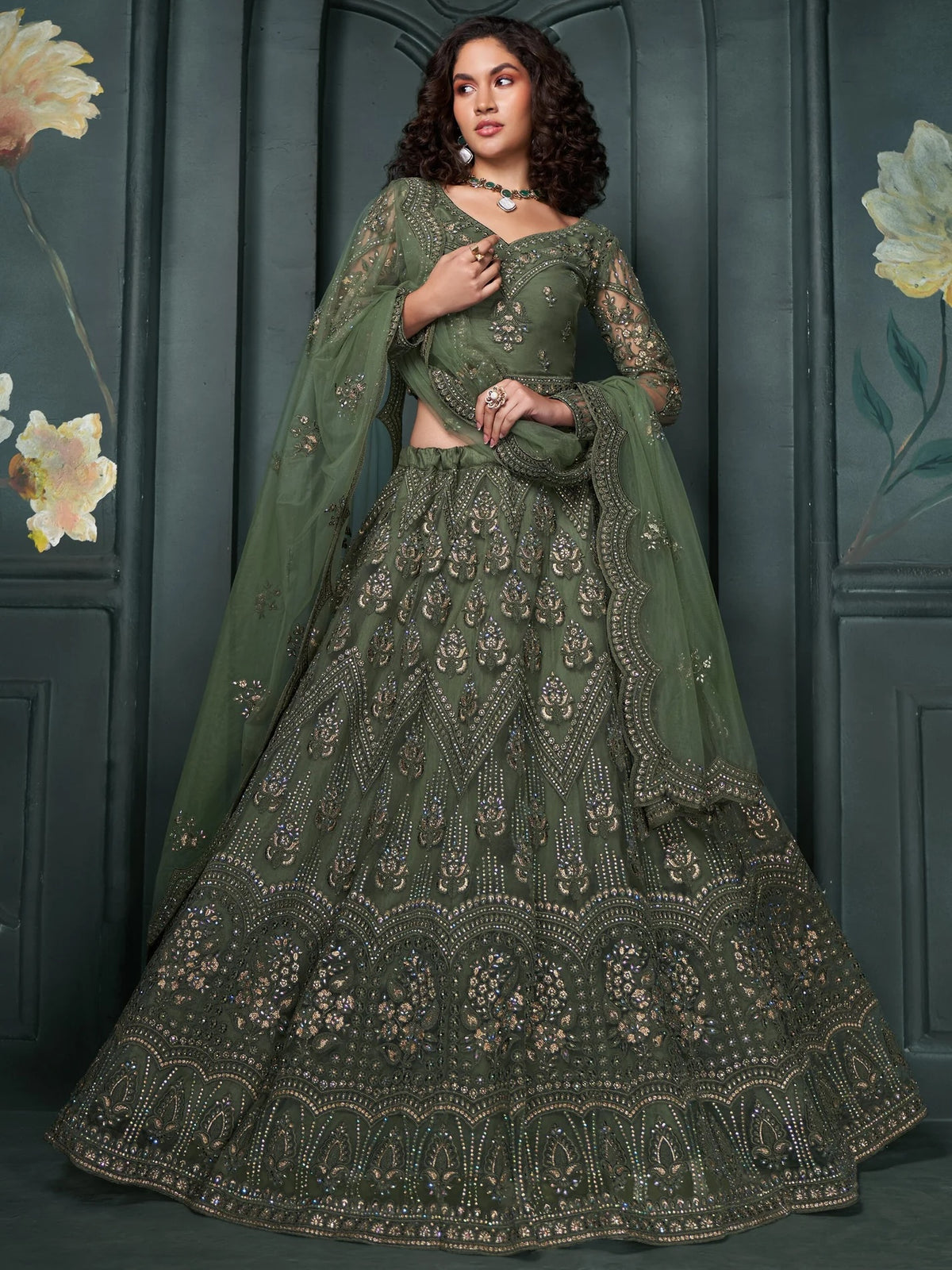 Alluring Olive Green Embroidered Net Mehendi Wear Lehenga Choli