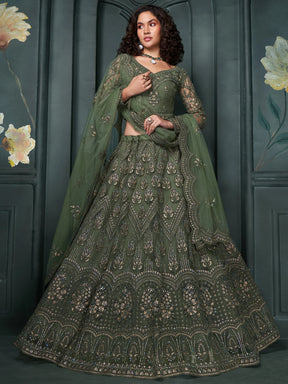 Alluring Olive Green Embroidered Net Mehendi Wear Lehenga Choli