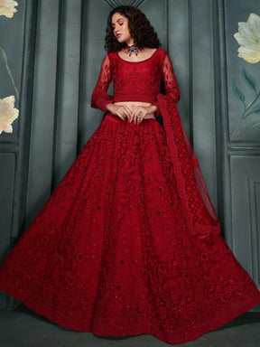 Glamorous Red Embroidered Net Bridesmaid Lehenga Choli With Dupatta