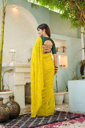 Radiant Yellow Georgette with Celestial Bird Embroidery Saree