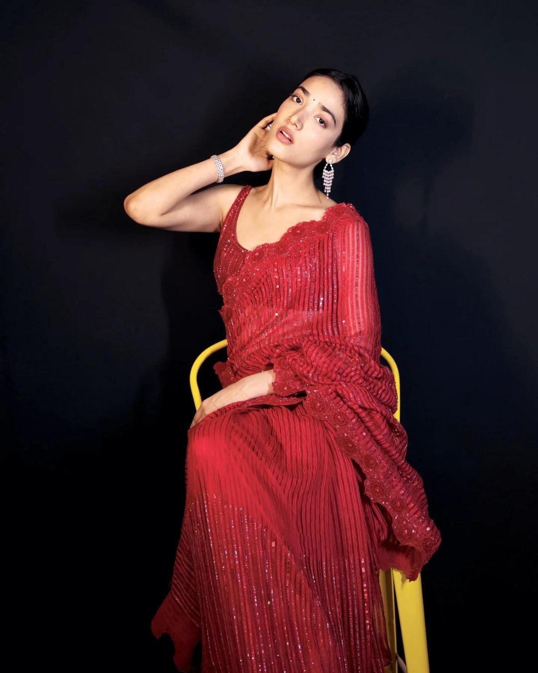 Medha Shankar Red Sequins Gicha Saree | Glamorous and Elegant Ethnic Wear