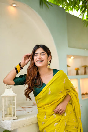 Radiant Yellow Georgette with Celestial Bird Embroidery Saree