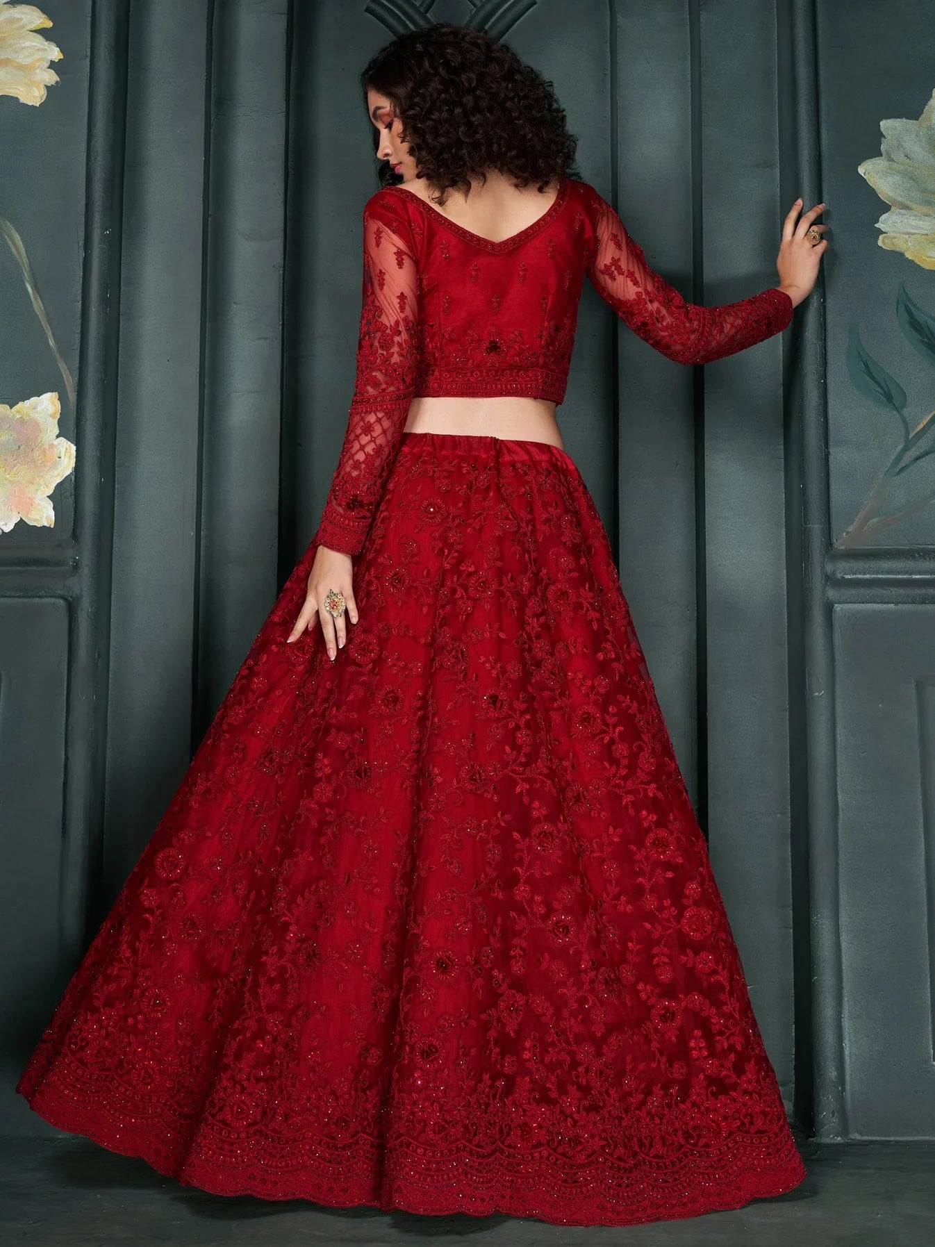 Glamorous Red Embroidered Net Bridesmaid Lehenga Choli With Dupatta