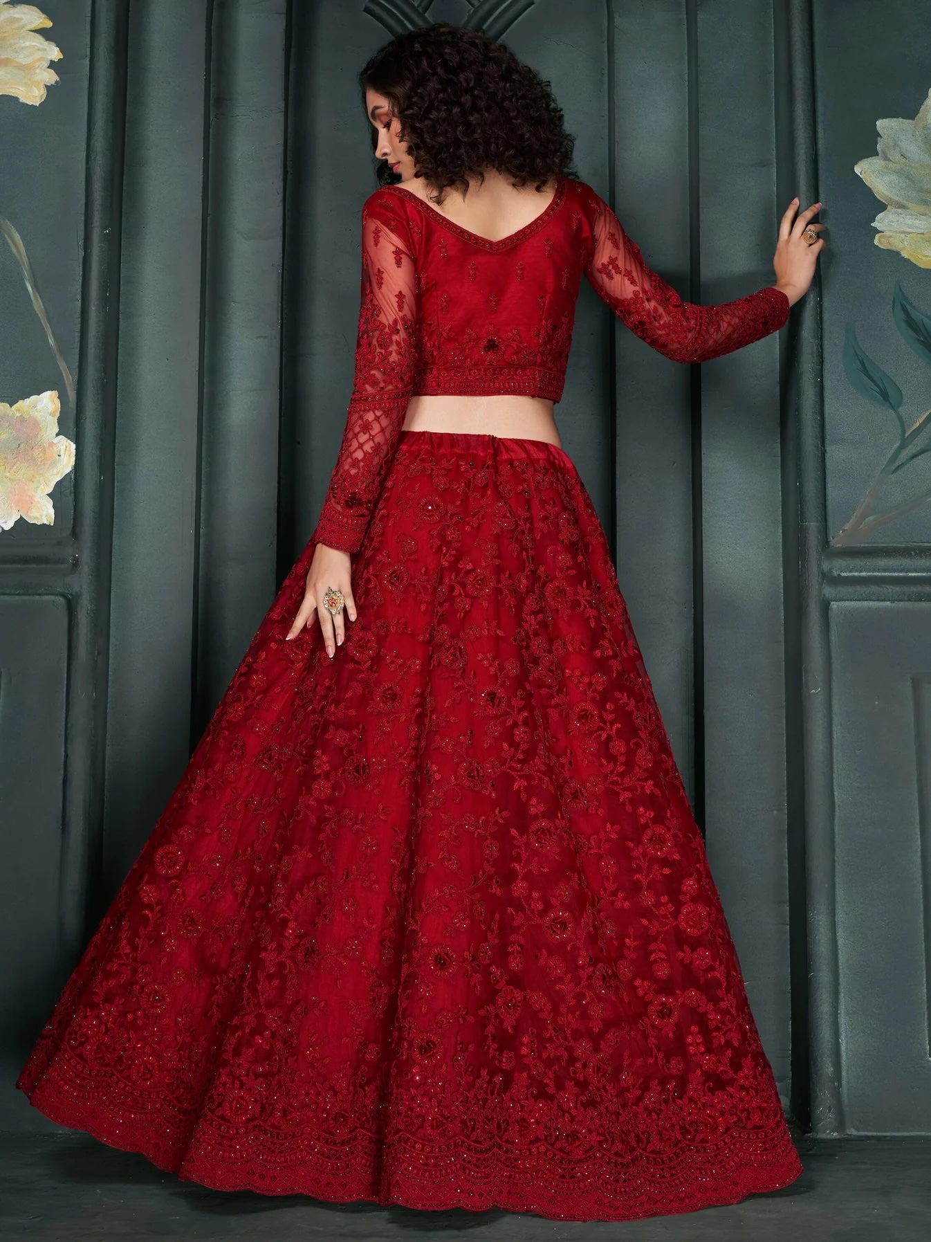 Glamorous Red Embroidered Net Bridesmaid Lehenga Choli With Dupatta