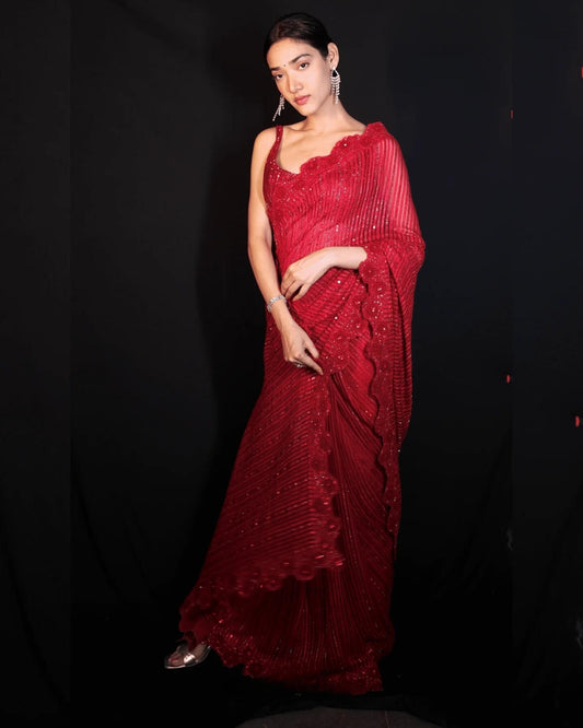 Medha Shankar Red Sequins Gicha Saree | Glamorous and Elegant Ethnic Wear