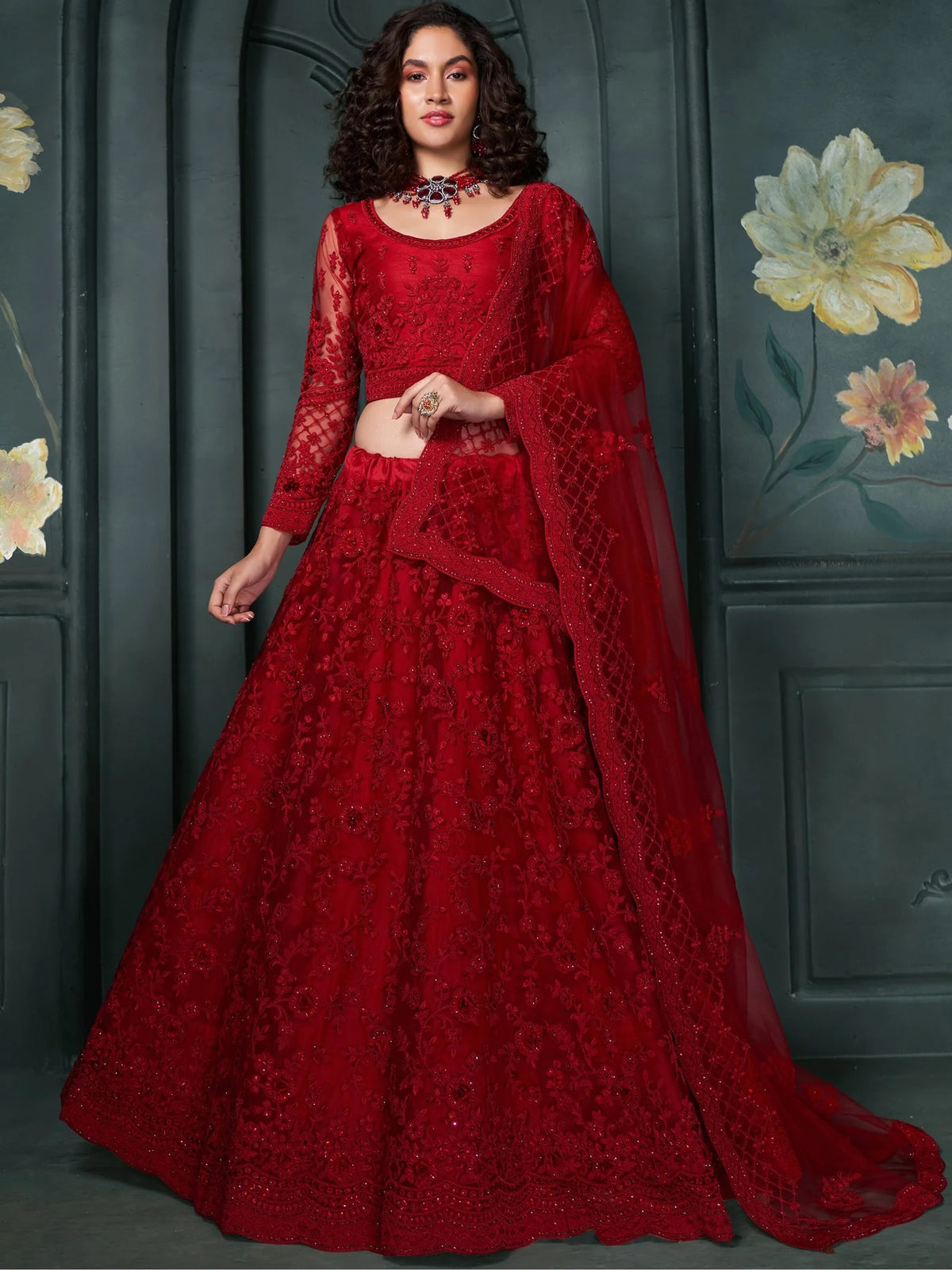 Glamorous Red Embroidered Net Bridesmaid Lehenga Choli With Dupatta