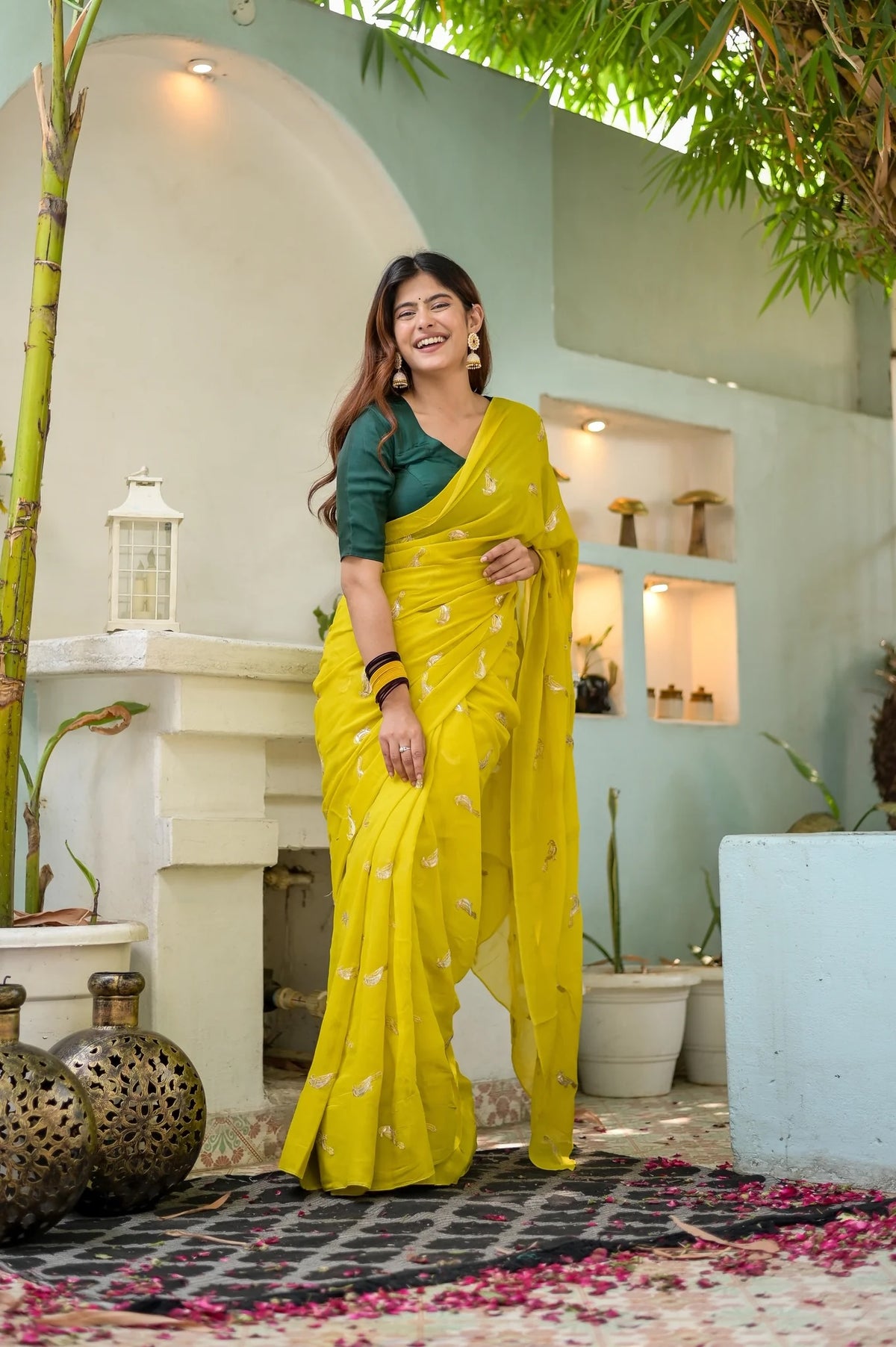 Radiant Yellow Georgette with Celestial Bird Embroidery Saree