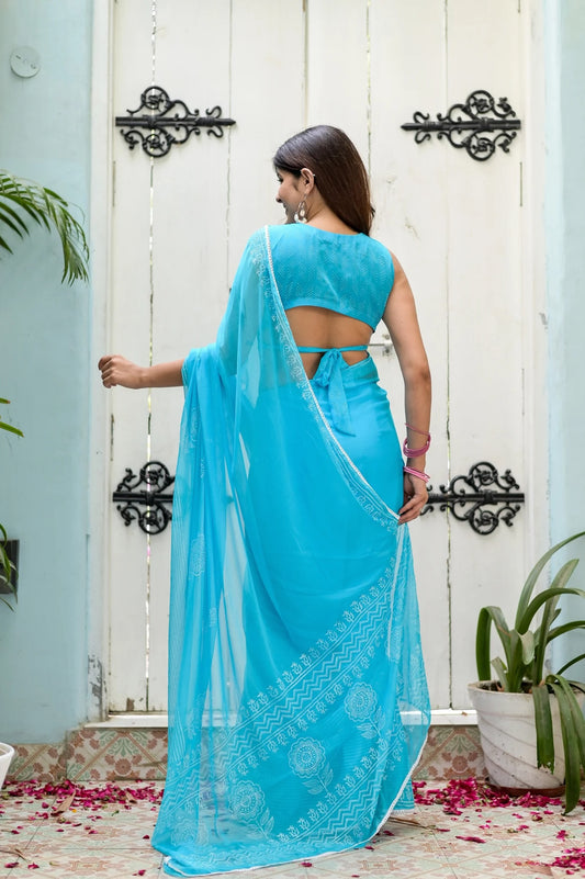 Tranquil Aqua Chiffon Aura Handblock Saree