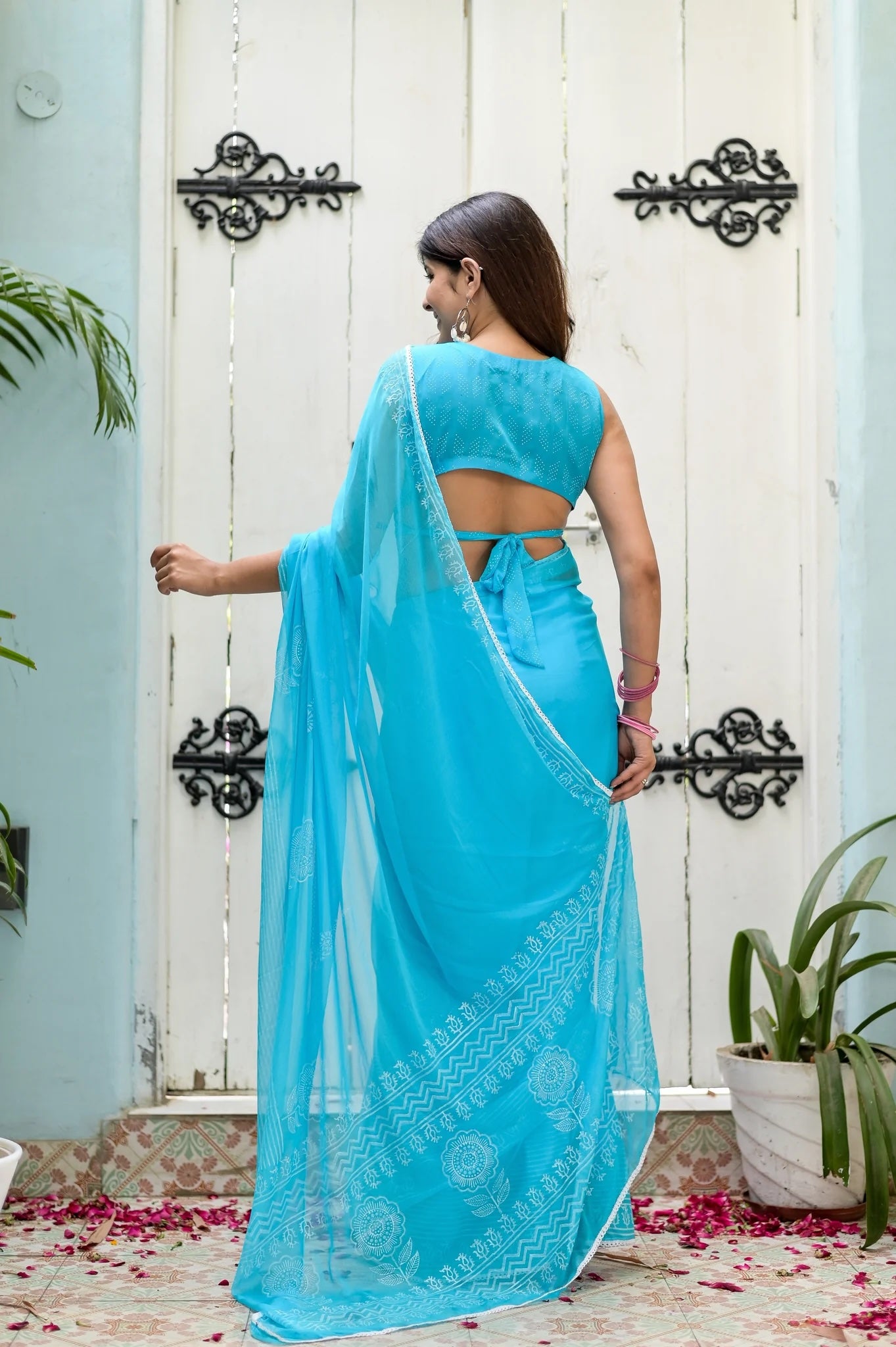 Tranquil Aqua Chiffon Aura Handblock Saree