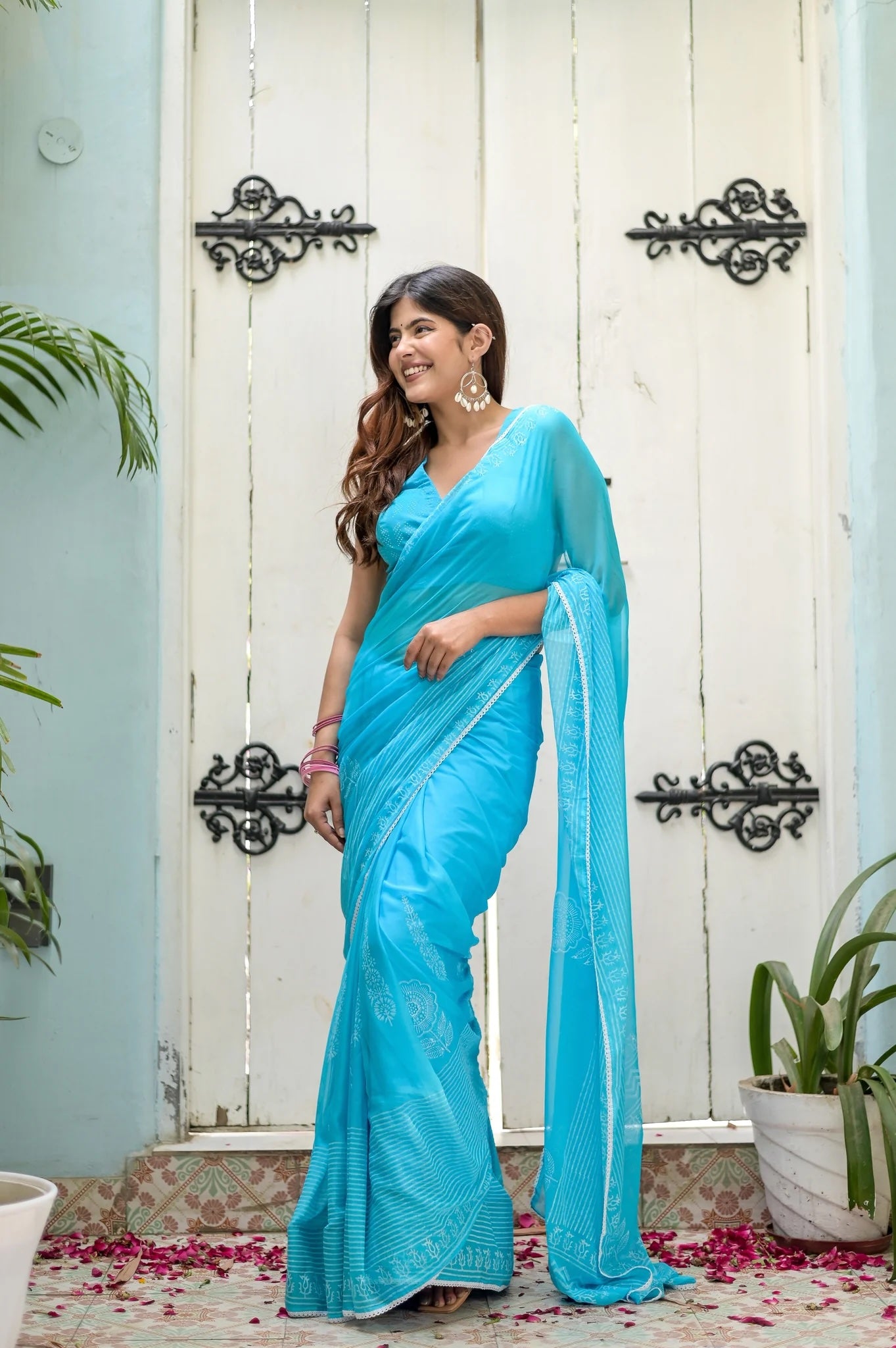 Tranquil Aqua Chiffon Aura Handblock Saree