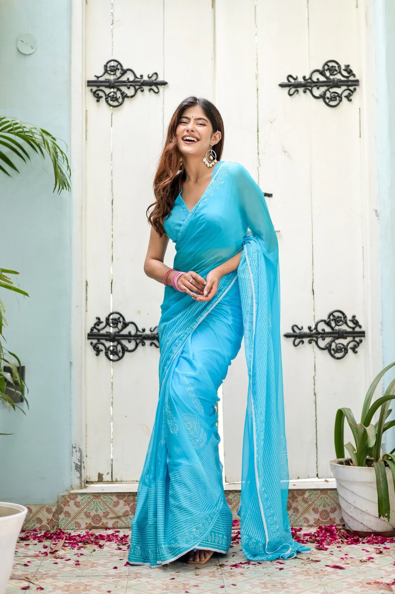 Tranquil Aqua Chiffon Aura Handblock Saree