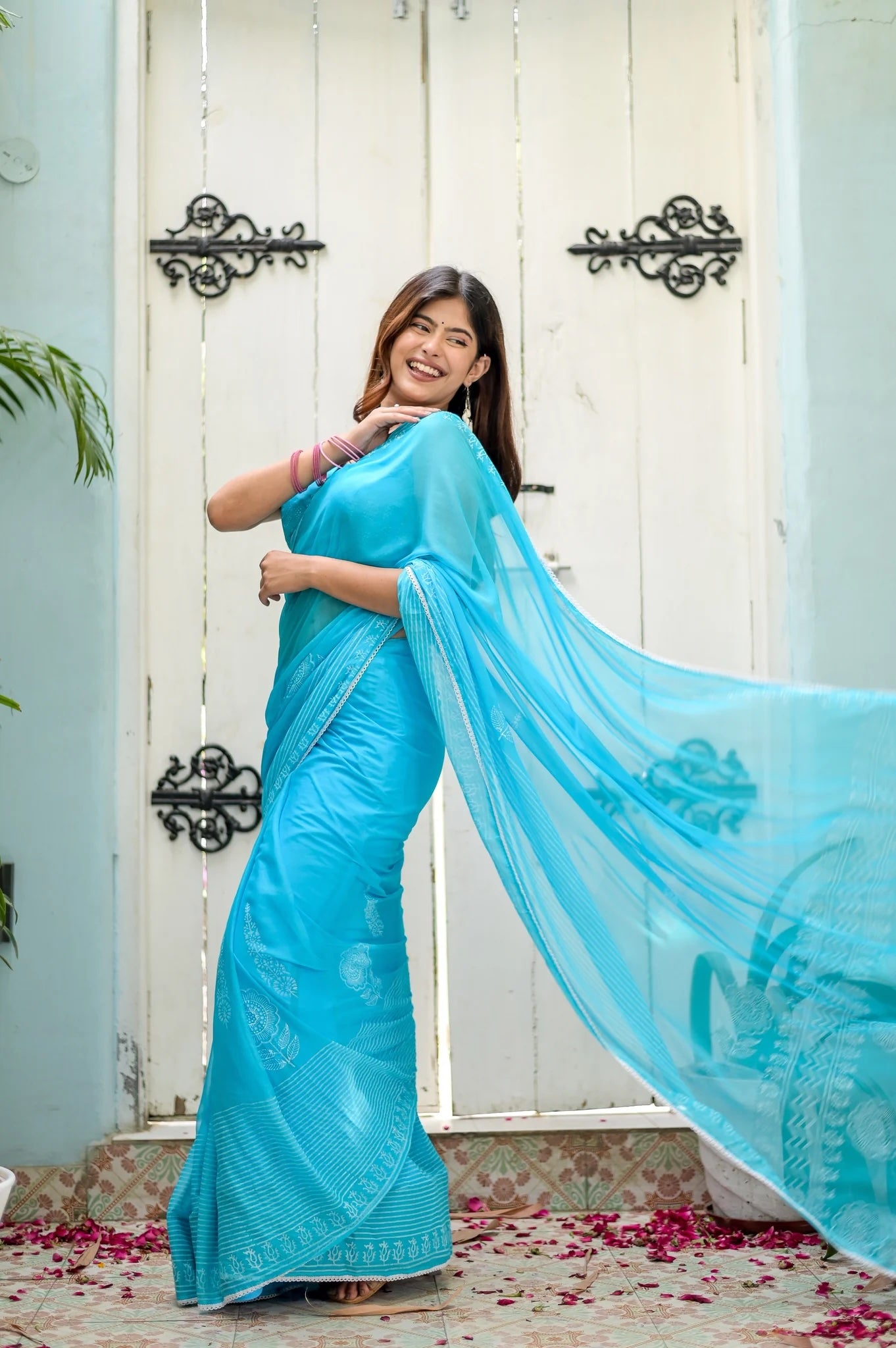 Tranquil Aqua Chiffon Aura Handblock Saree