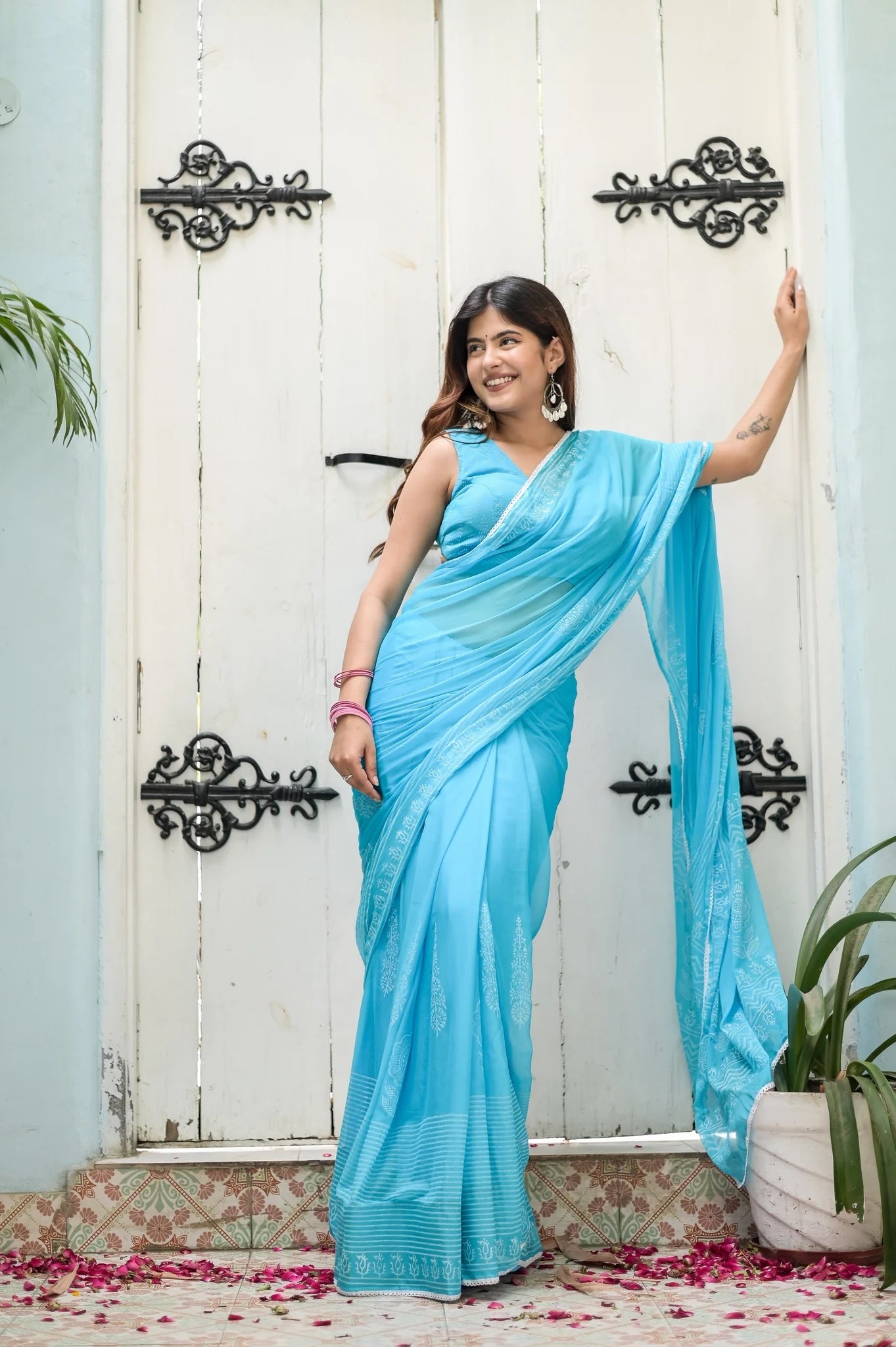 Tranquil Aqua Chiffon Aura Handblock Saree