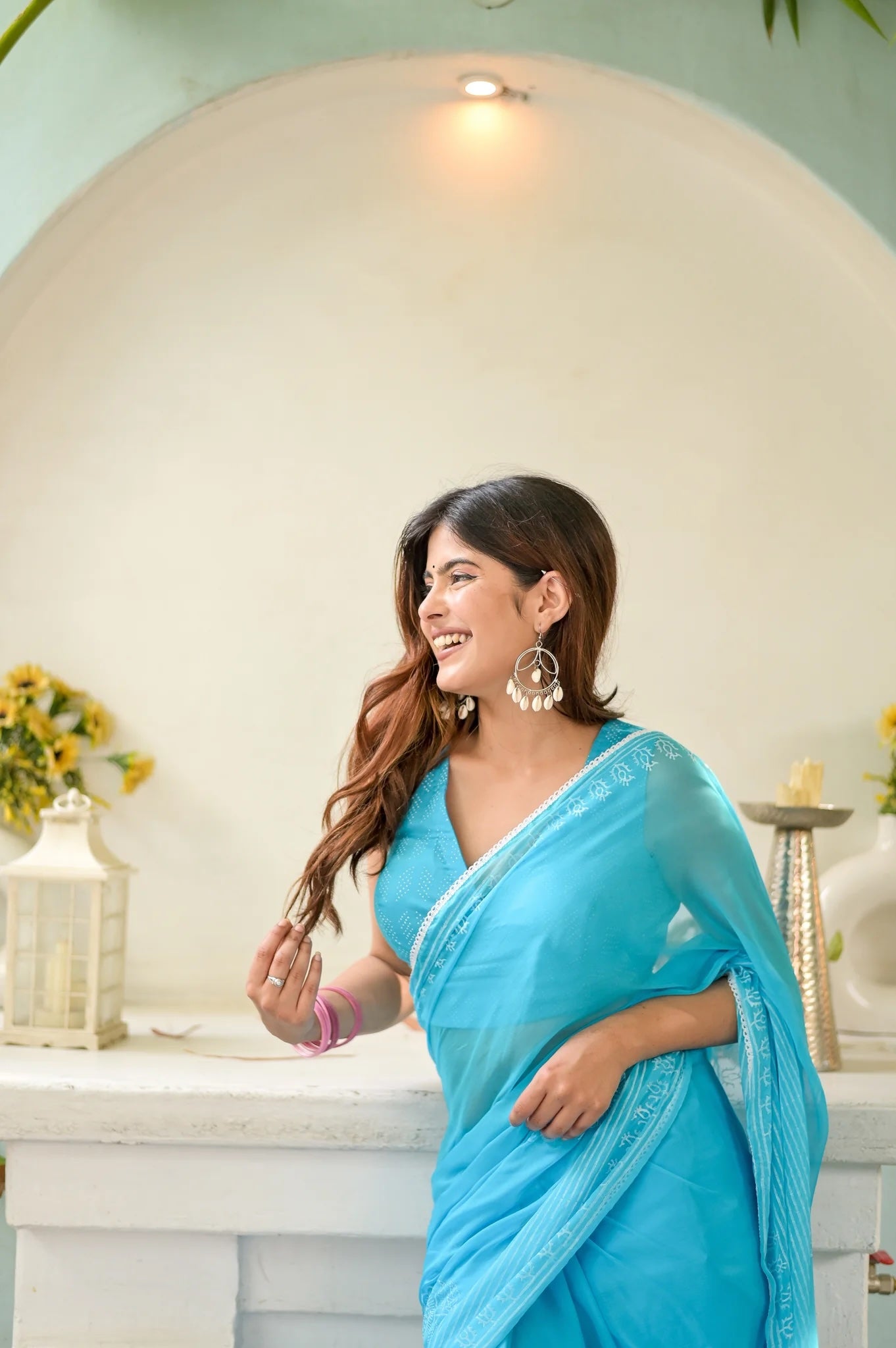 Tranquil Aqua Chiffon Aura Handblock Saree